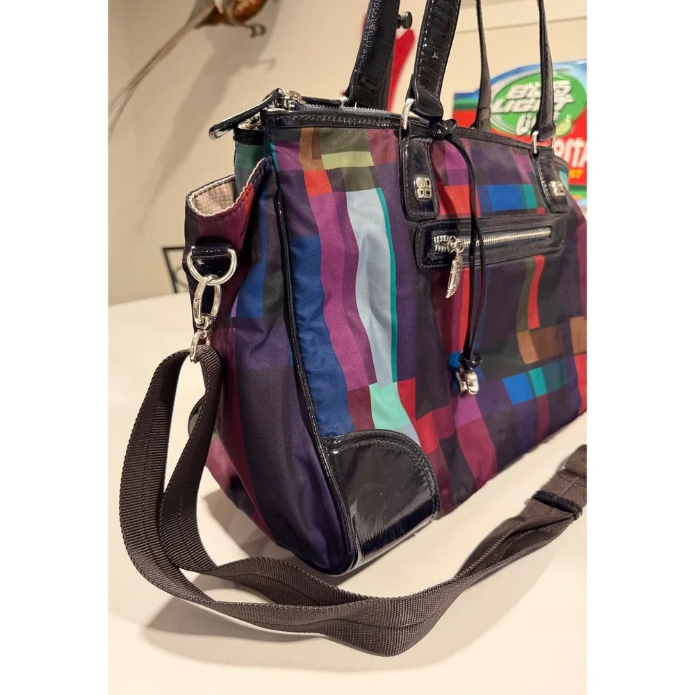 Brighton Multicolor Geometric Nylon Satchel Patent Trim Crossbody Bag